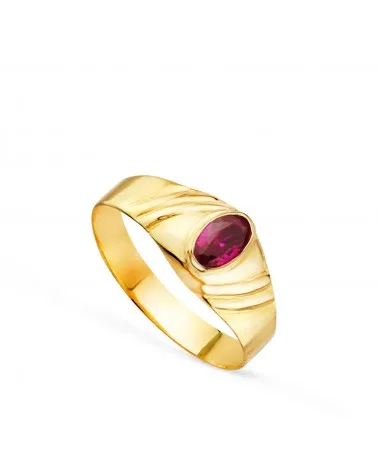 Solitario oro 18k amarillo pequeño bebé o meñique circonita roja 5x3 mm