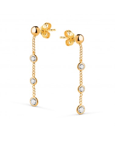 Pendientes oro 18k amarillo largos con cadena y circonita