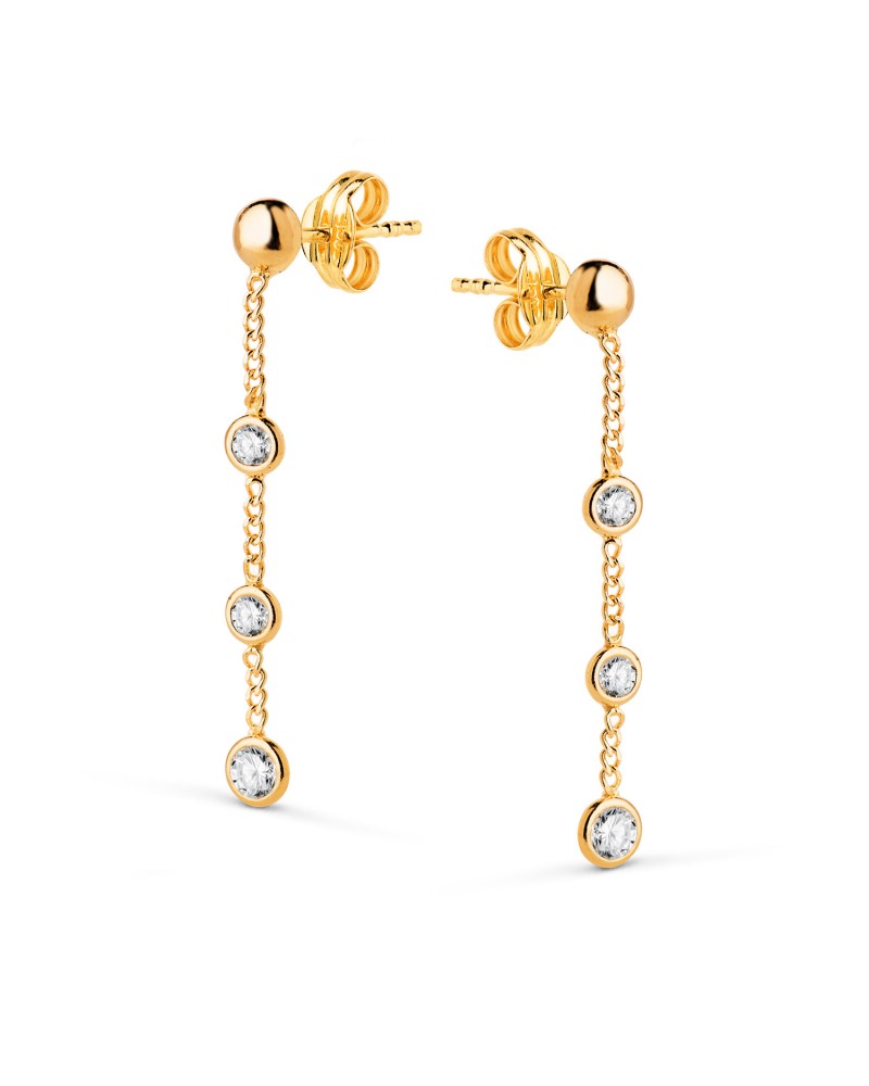 Pendientes oro 18k amarillo largos con cadena y circonita