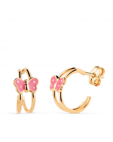Pendientes oro 18k amarillo aros abiertos con mariposa rosa