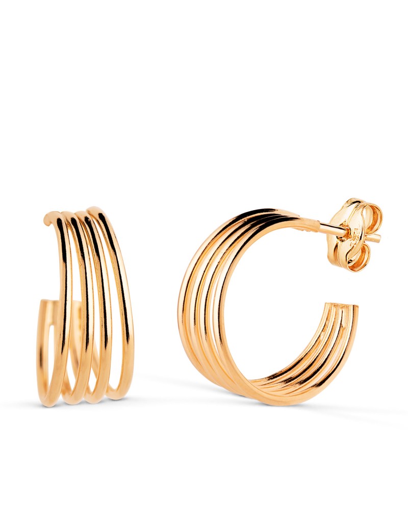 Pendientes oro 18k amarillo aros huecos abiertos 4 bandas