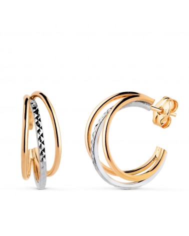 Pendientes oro 18k bicolor aros huecos abiertos 3 bandas