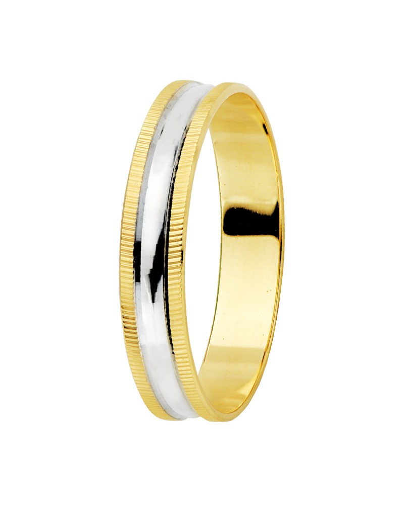 Alianza oro 18k bicolor brillo y bordes estriados ancho 4 mm