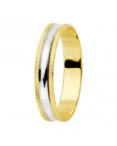 Alianza oro 18k bicolor brillo y bordes estriados ancho 4 mm