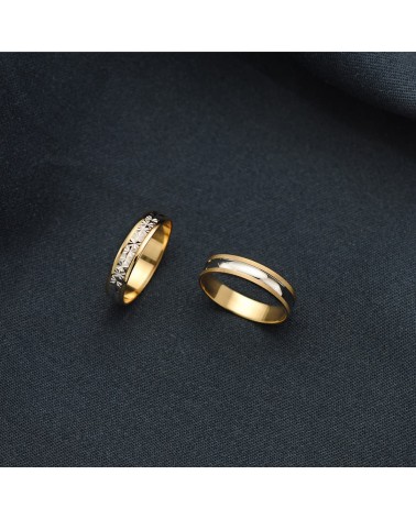Alianza oro 18k bicolor brillo y bordes estriados ancho 4 mm