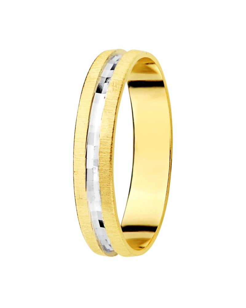 Alianza oro 18k bicolor tallada y bordes matizados ancho 3,5