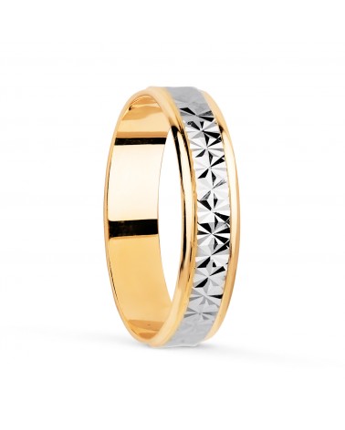 Alianza oro 18k bicolor tallada y bordes brillo ancho 4 mm