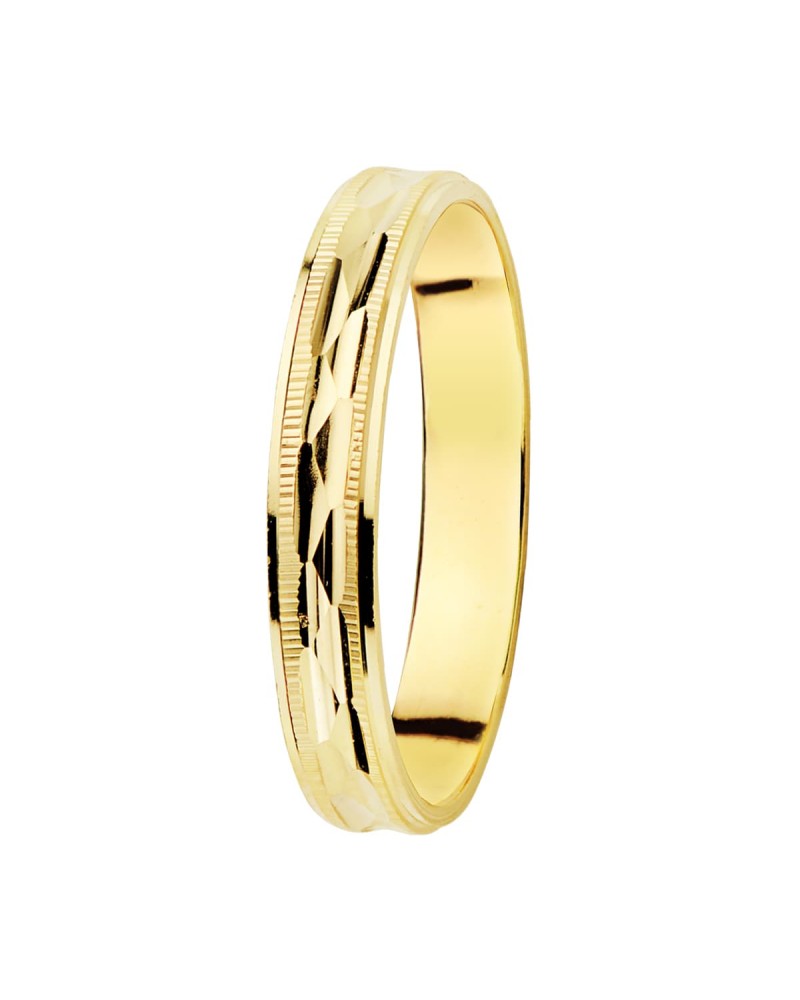 Alianza oro 18k amarillo tallada y bordes estriados ancho 3 mm