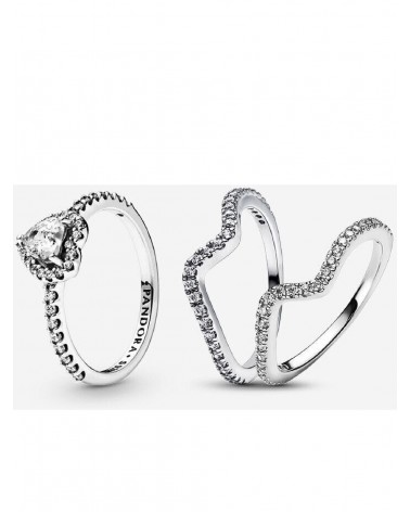Conjunto de Regalo Anillo Corazón en Relieve y Doble Anillo Ola Brillante Pandora B89A2469