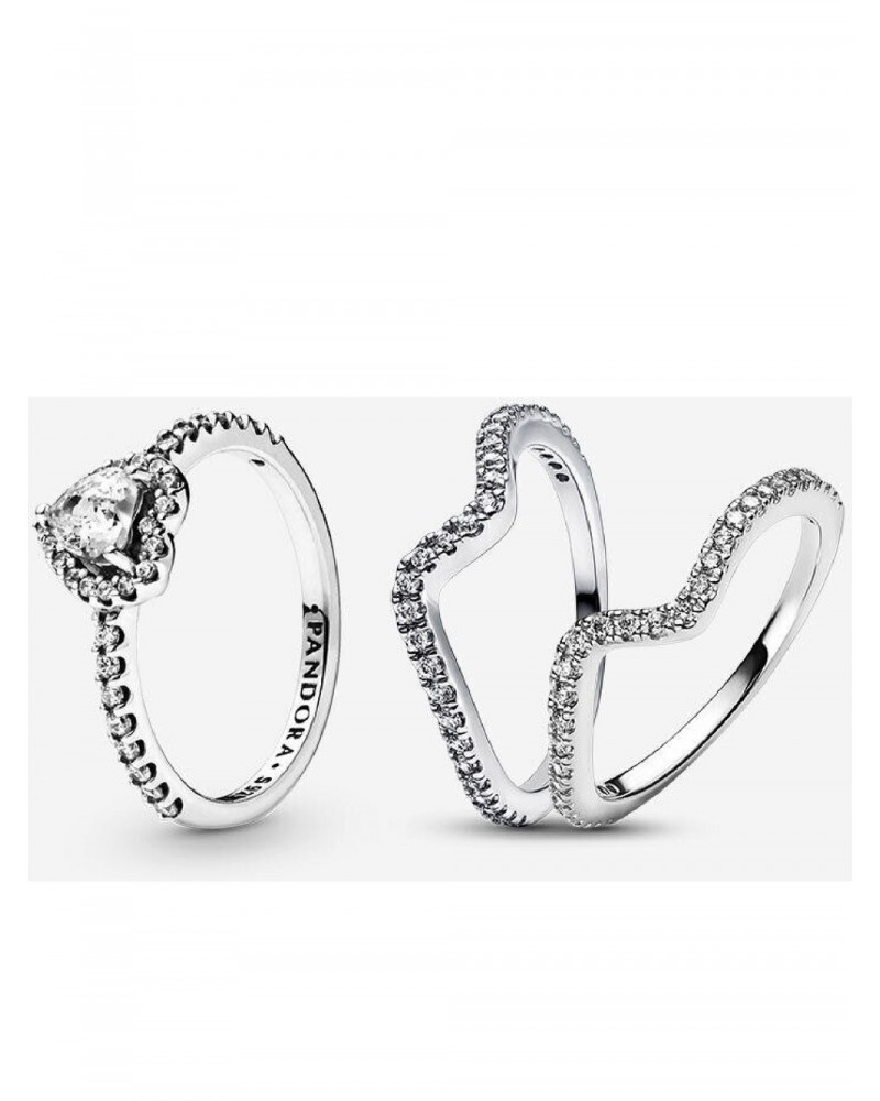 Conjunto de Regalo Anillo Corazón en Relieve y Doble Anillo Ola Brillante Pandora B89A2469