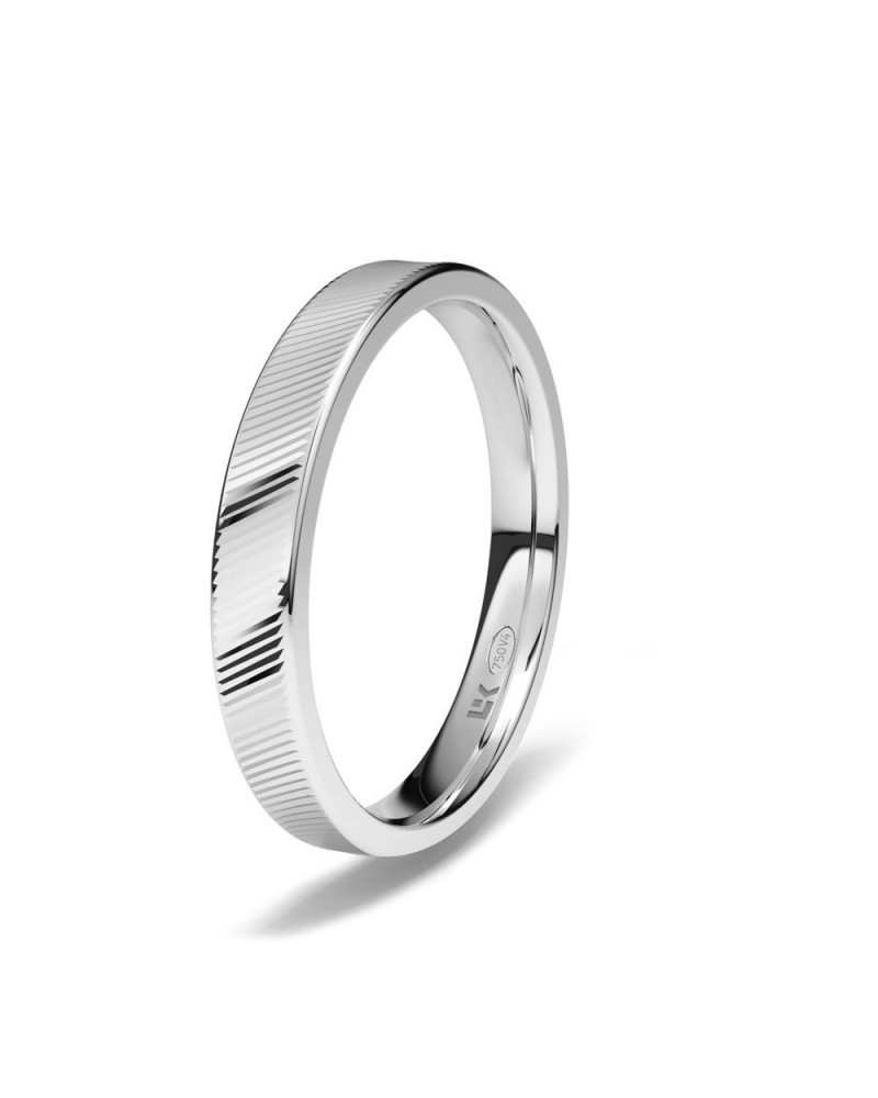 Alianza de boda oro blanco 18k 3 mm plana rayada en diagonal