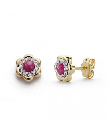 Pendientes oro 18k piedra color rubí y circonitas 6 mm