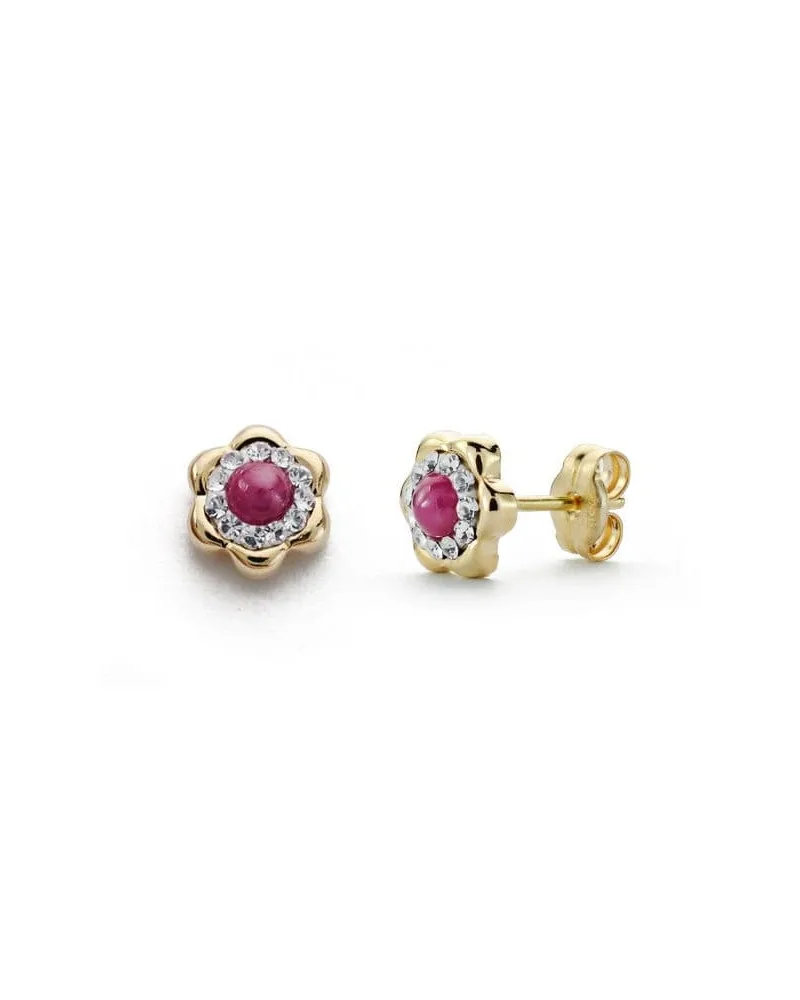 Pendientes oro 18k piedra color rubí y circonitas 6 mm