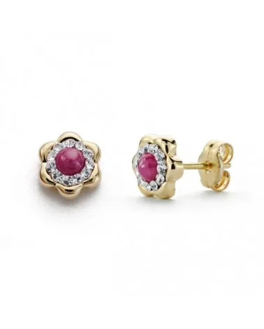 Pendientes oro 18k piedra color rubí y circonitas 6 mm