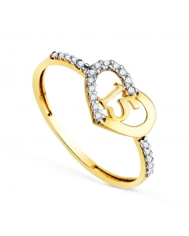 Sortija oro 18k bicolor corazón número 15 y circonitas