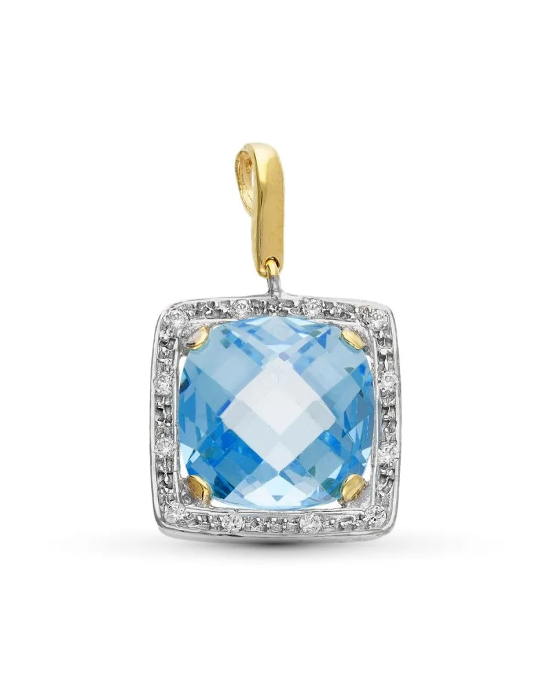 Colgante oro 18k bicolor piedra color azul 12 mm y circonitas
