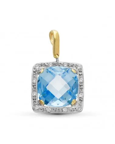 Colgante oro 18k bicolor piedra color azul 12 mm y circonitas