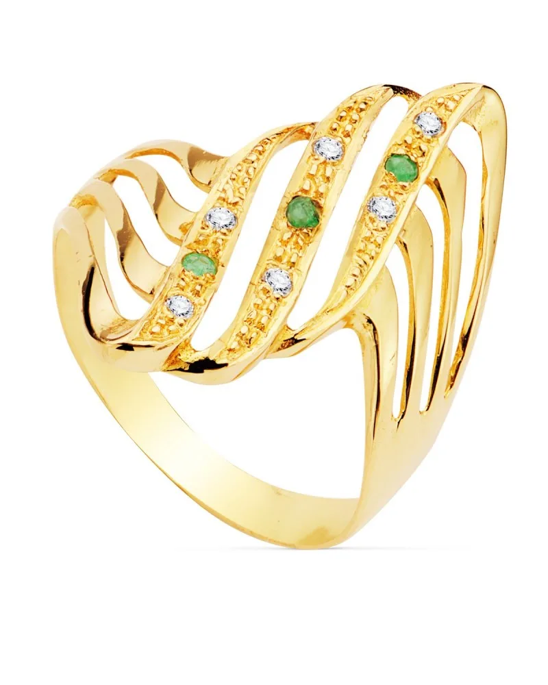Sortija oro 18k lanzadera circonitas y piedras color esmeralda