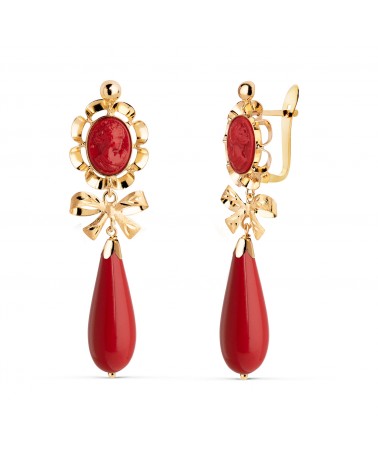 Pendientes cubanas oro 18k amarillo camafeo de coralina
