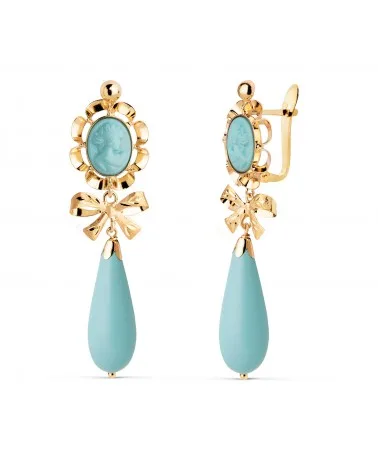 Pendientes cubanas oro 18k camafeo piedra color turquesa
