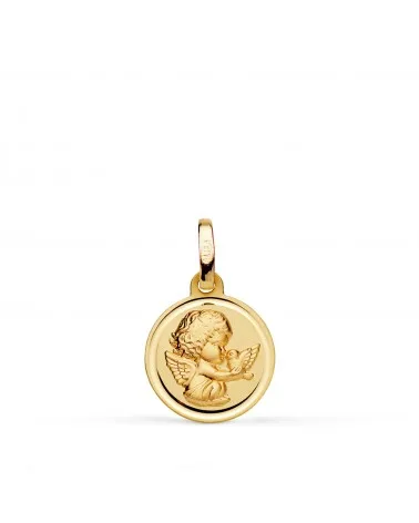 Medalla oro 18k amarillo ángel niño burlón con pájaro 12 mm