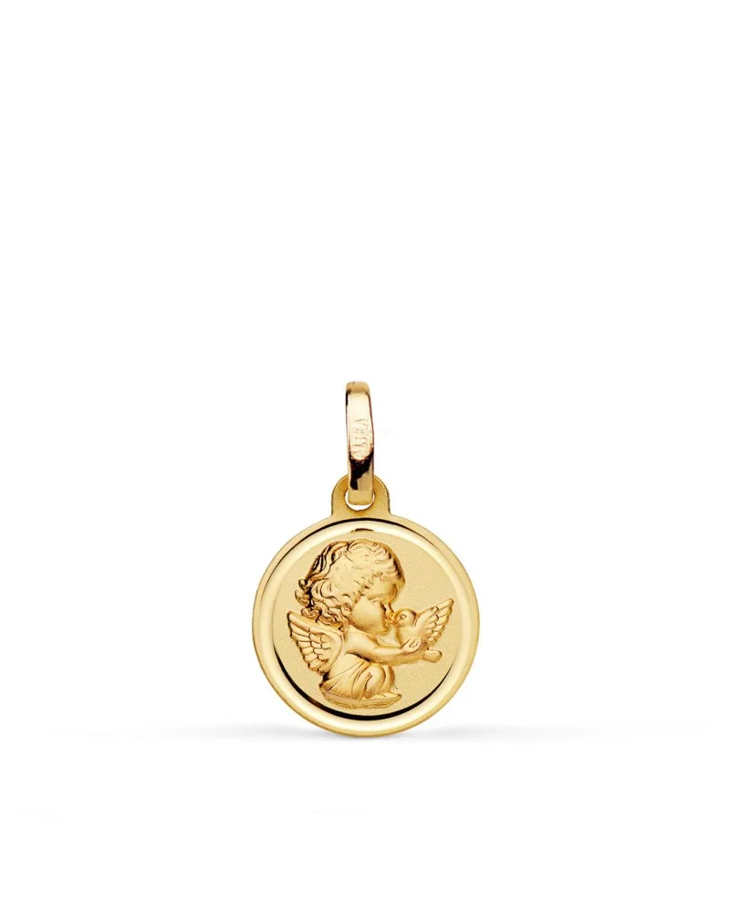 Medalla oro 18k amarillo ángel niño burlón con pájaro 12 mm