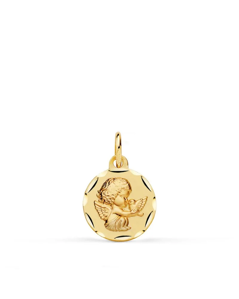Medalla oro 18k amarillo ángel niño burlón y paloma 12 mm