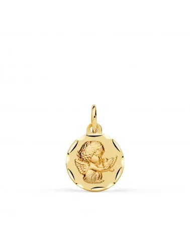 Medalla oro 18k amarillo ángel niño burlón y paloma 12 mm