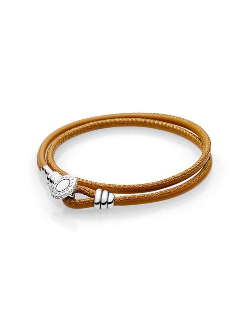 Pulsera Pandora de cuero marrón con cierre de botón de plata 597194CGT