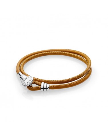 Pulsera Pandora de cuero marrón con cierre de botón de plata 597194CGT