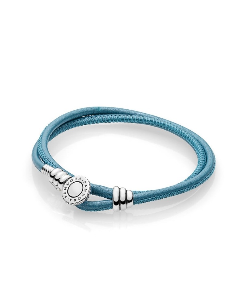 Pulsera Pandora de cuero turquesa con cierre de botón de plata 597194CTQ