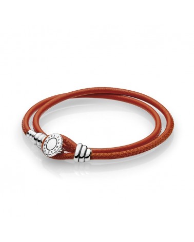Pulsera Pandora de cuero naranja con cierre de botón de plata 597194CSO