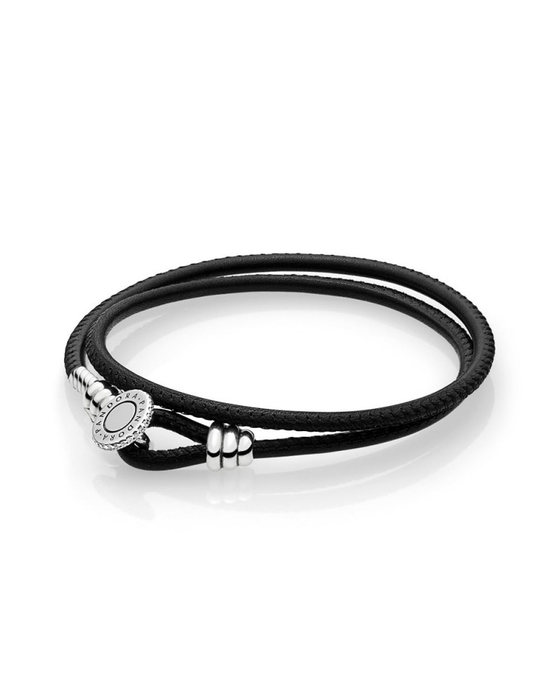 Pulsera Pandora de cuero negro con cierre de botón de plata 597194CBK