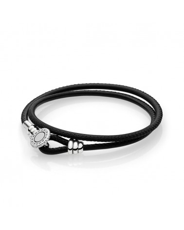 Pulsera Pandora de cuero negro con cierre de botón de plata 597194CBK
