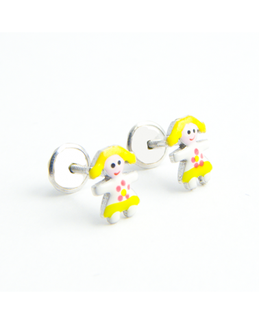 PENDIENTES NIÑA RUBIA Y VESTIDO BLANCO Y AMARILLO DE PLATA PEQUEÑOS