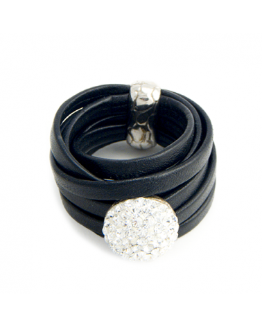 ANILLO CUERO NEGRO CON STRASS SOLITARIO