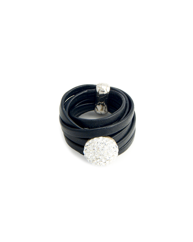 ANILLO CUERO NEGRO CON STRASS SOLITARIO