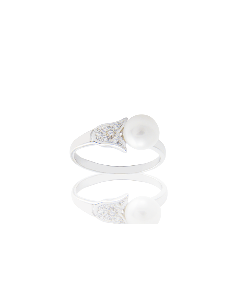 ANILLO ORO BLANCO PERLA Y CIRCONITAS EN TULIPAN