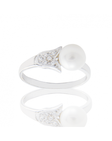 ANILLO ORO BLANCO PERLA Y CIRCONITAS EN TULIPAN