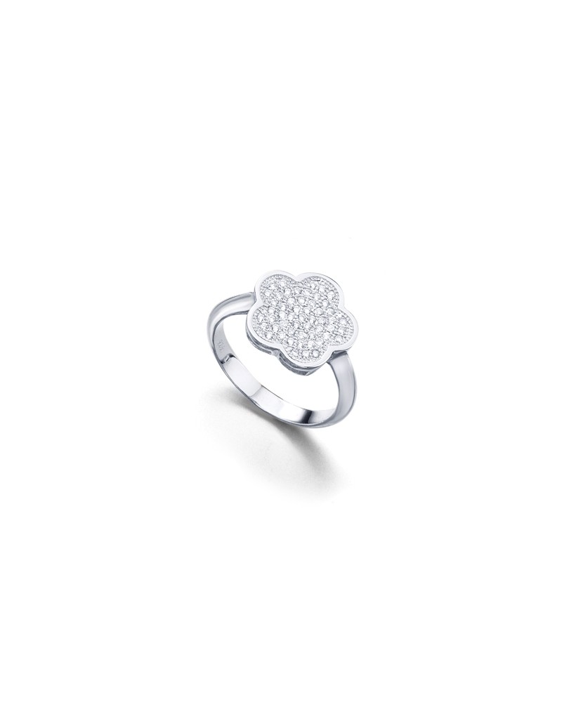 ANILLO DE PLATA Y CIRCONITAS FORMA DE FLOR CON 5 PETALOS REDONDOS