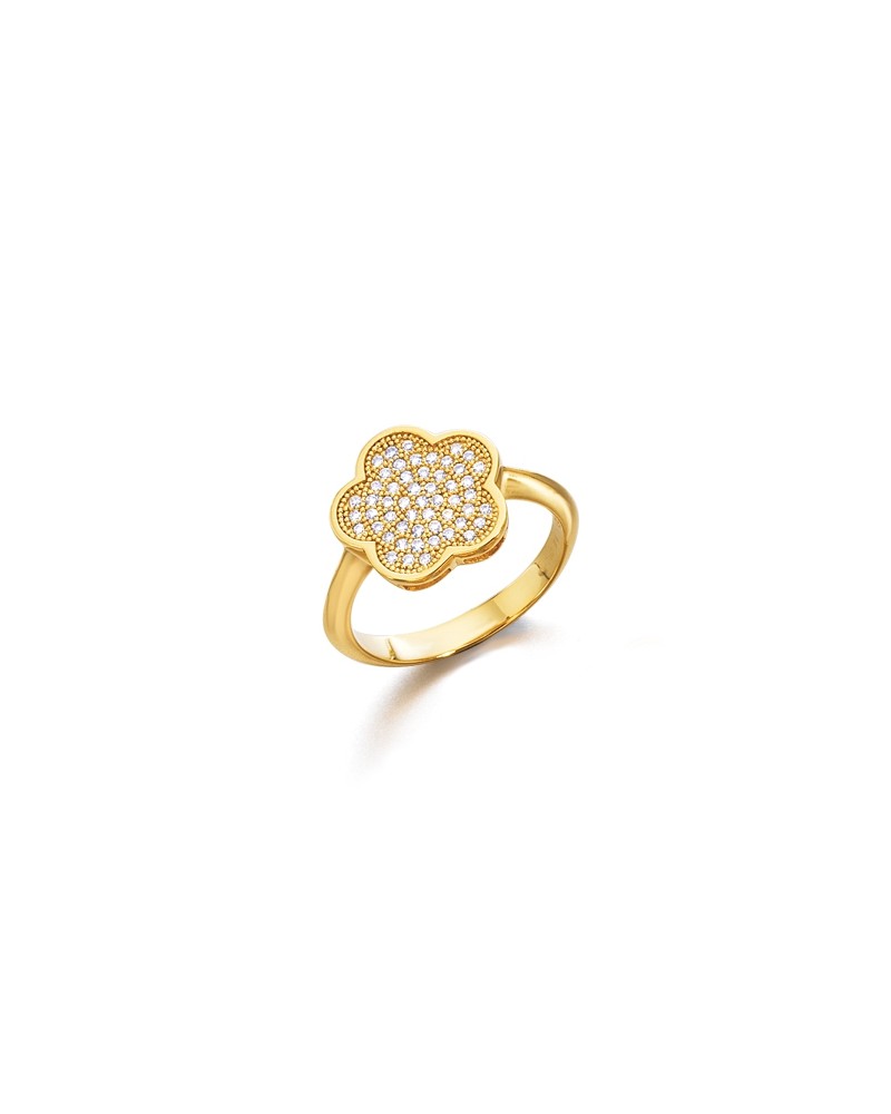 ANILLO DE PLATA Y CIRCONITAS FORMA DE FLOR CON 5 PETALOS REDONDOS DORADOS BAÑADO EN ORO