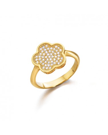 ANILLO DE PLATA Y CIRCONITAS FORMA DE FLOR CON 5 PETALOS REDONDOS DORADOS BAÑADO EN ORO