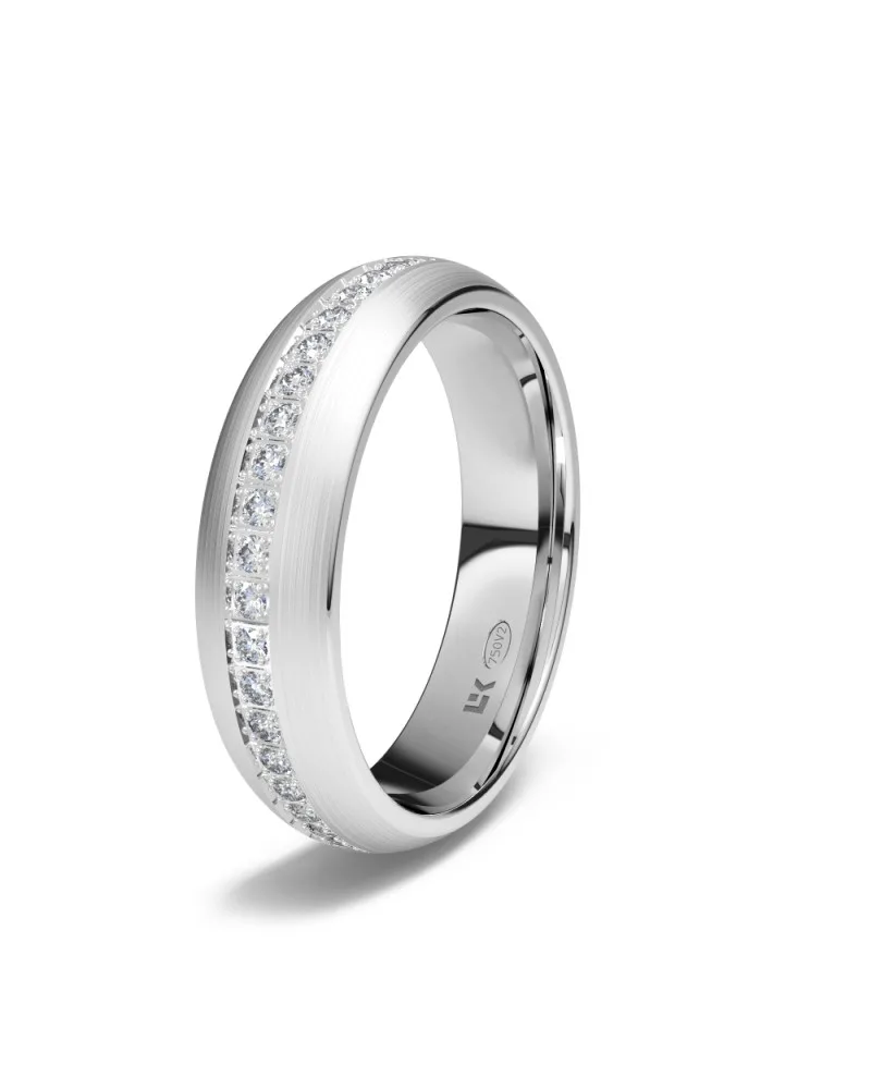 Alianza de boda oro blanco 18k 5 mm media caña satinada con 44 diamantes