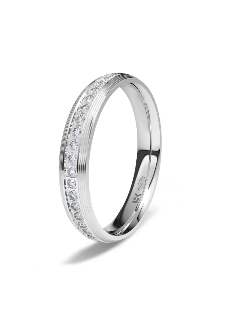 Alianza de boda oro blanco 18k 3,5 mm almendra con ondas y 20 diamantes