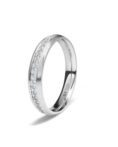 Alianza de boda oro blanco 18k 3,5 mm almendra con ondas y 20 diamantes