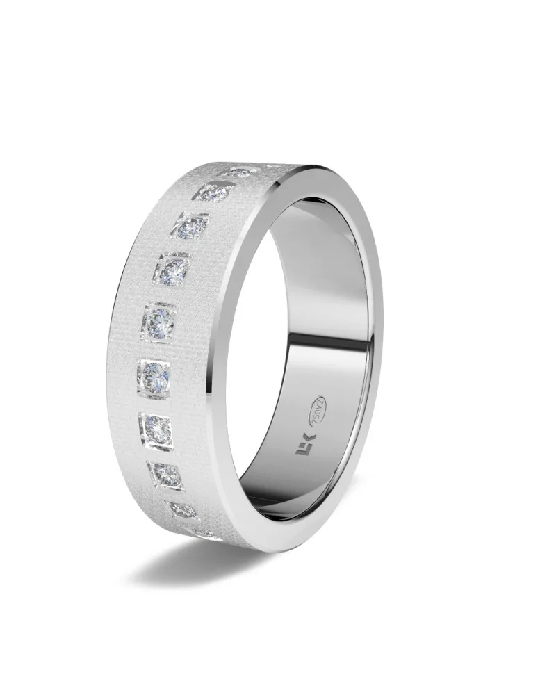 Alianza de boda oro blanco 18k 6 mm rectangular gruesa con 24 diamantes
