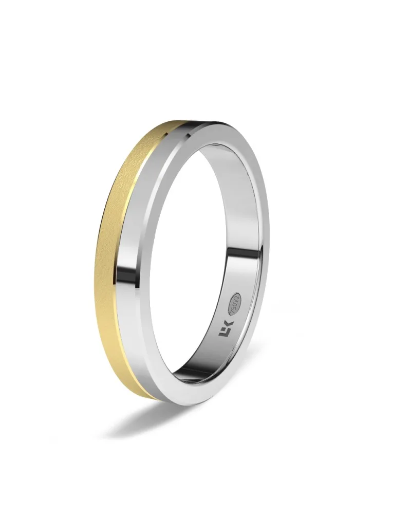 Alianza de boda bicolor oro blanco y amarillo 18k 4 mm rectangular diamantada