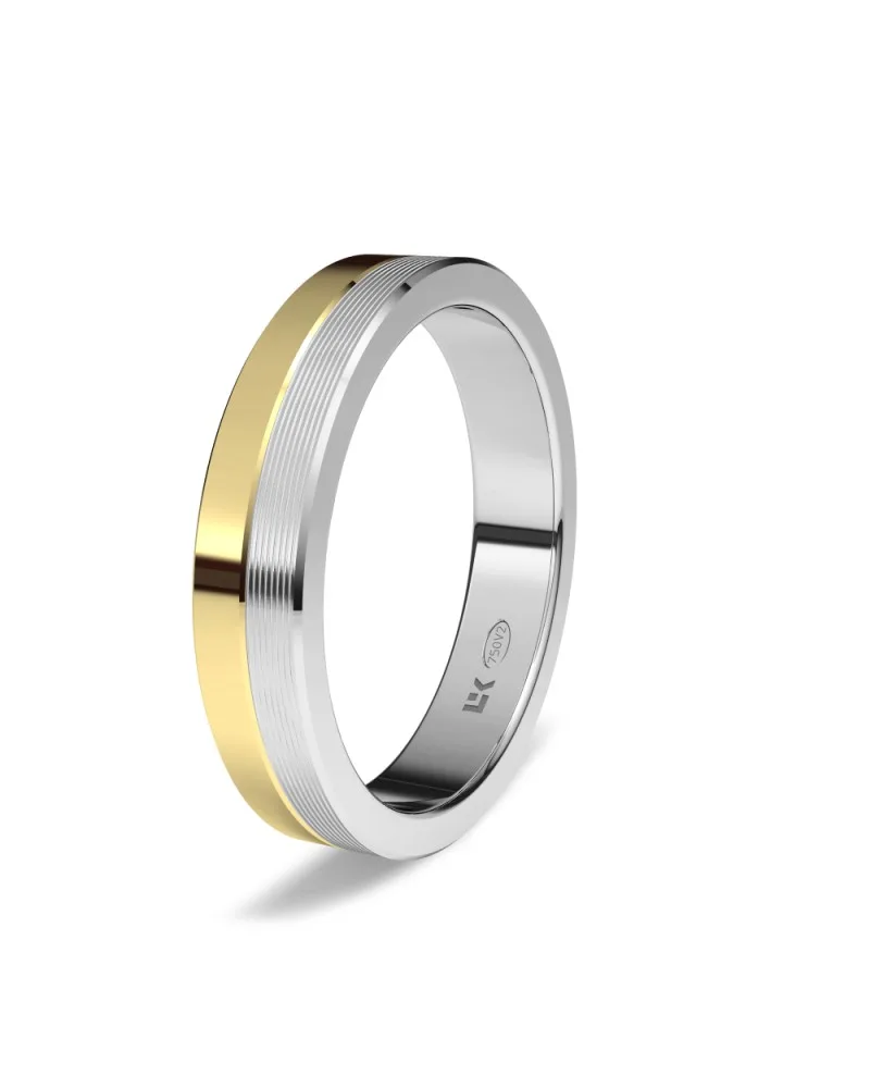 Alianza de boda bicolor oro amarillo y blanco 18k 4 mm rectangular fina