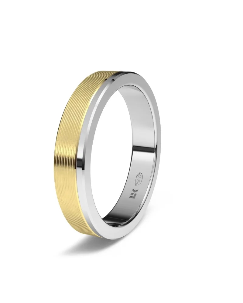 Alianza de boda bicolor oro amarillo y blanco 18k 4 mm rectangular con ondas