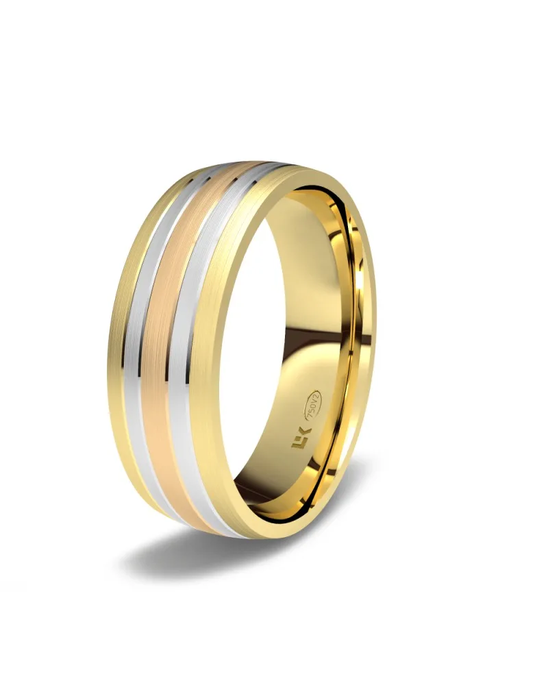 Alianza de boda tricolor oro 18k 6 mm almendrada satinada